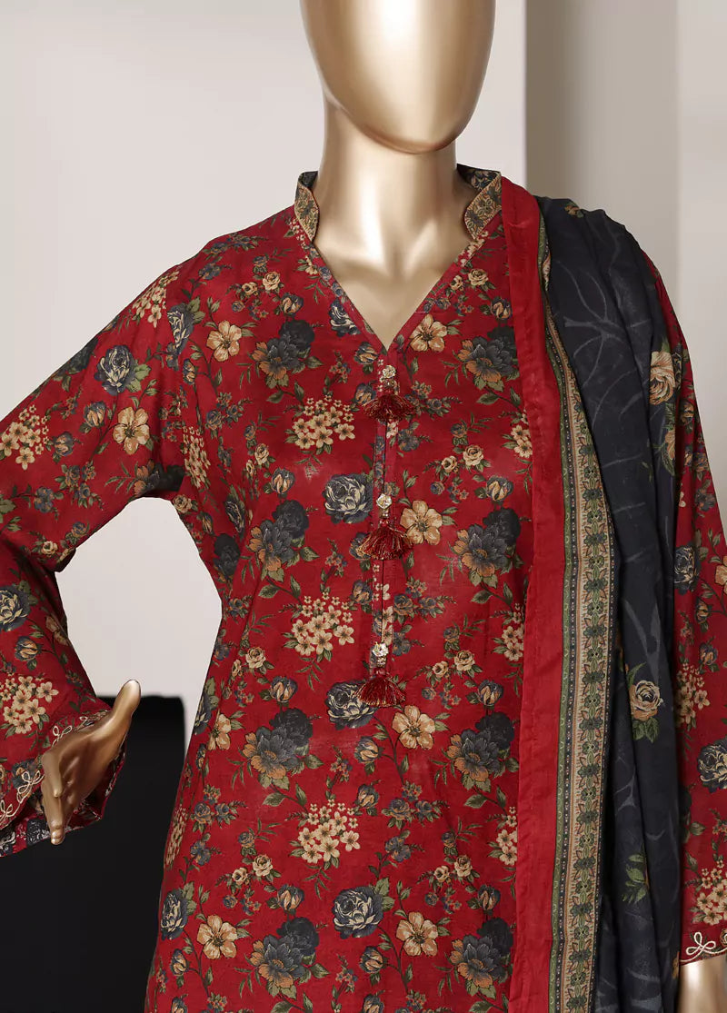 3 Piece Printed Red Color Lawn Shirt with Trouser & Dupatta