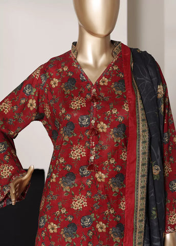 3 Piece Printed Red Color Lawn Shirt with Trouser & Dupatta