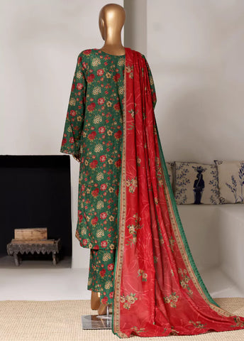 3 Piece Printed Bottle Green Color Lawn Shirt with Trouser & Dupatta