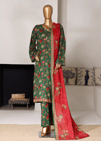 3 Piece Printed Bottle Green Color Lawn Shirt with Trouser & Dupatta