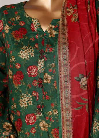 3 Piece Printed Bottle Green Color Lawn Shirt with Trouser & Dupatta