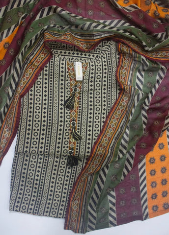 3 Piece Printed Stitched Beige & Black Color Lawn Shirt with Trouser & Dupatta