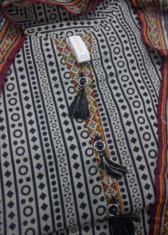 3 Piece Printed Stitched Beige & Black Color Lawn Shirt with Trouser & Dupatta