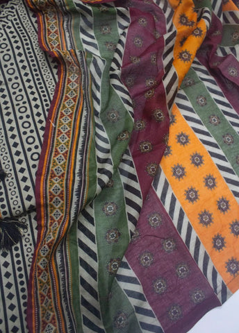 3 Piece Printed Stitched Beige & Black Color Lawn Shirt with Trouser & Dupatta