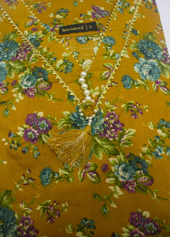 2 Piece Printed Stitched Mustard Color Lawn Shirt and Farshi Trouser