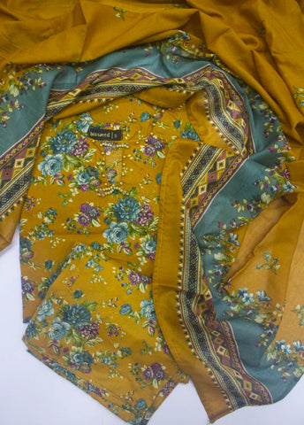 3 Piece Printed Stitched Mustard Color Lawn Shirt with Trouser & Dupatta