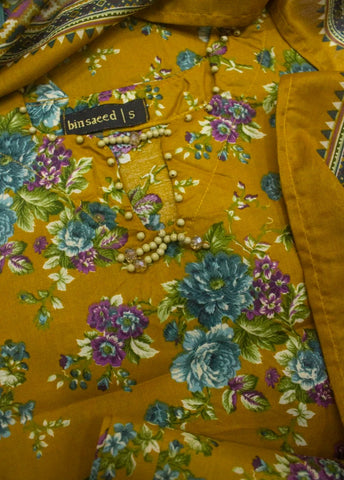 3 Piece Printed Stitched Mustard Color Lawn Shirt with Trouser & Dupatta