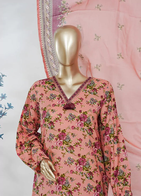 3 Piece Printed Peach Color Lawn Shirt with Trouser & Dupatta
