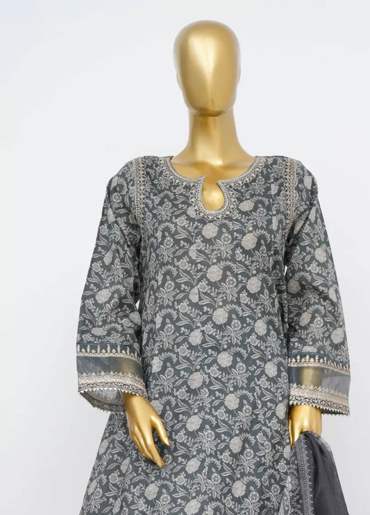 3 Piece Embroidred Stitched Grey Color Lawn Peplum with Balloon Shalwar & Dupatta