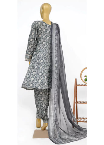 3 Piece Embroidred Stitched Grey Color Lawn Peplum with Balloon Shalwar & Dupatta