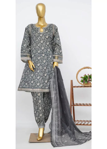 3 Piece Embroidred Stitched Grey Color Lawn Peplum with Balloon Shalwar & Dupatta