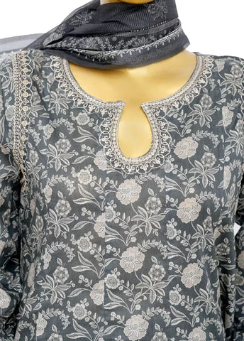3 Piece Embroidred Stitched Grey Color Lawn Peplum with Balloon Shalwar & Dupatta