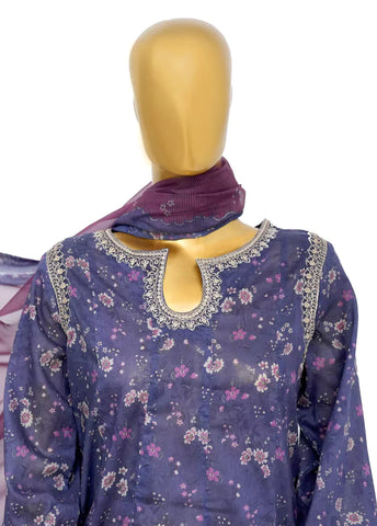 3 Piece Embroidred Stitched Purple Color Lawn Peplum with Farshi Shalwar & Dupatta