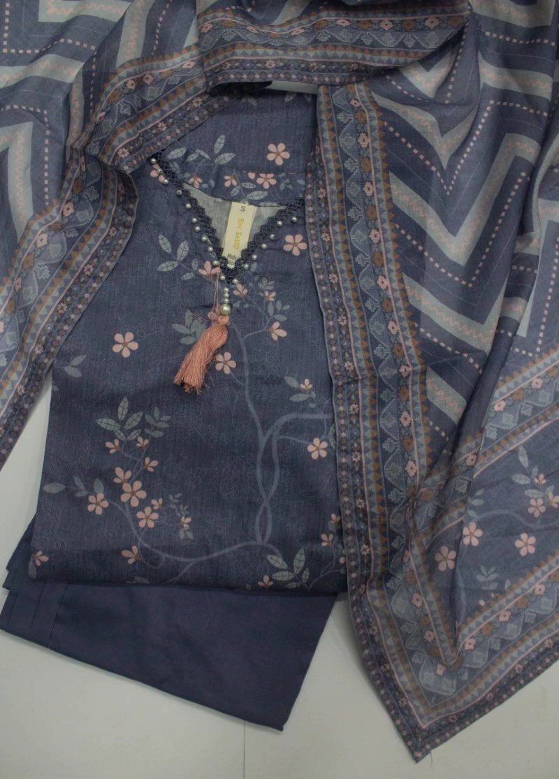 3 Piece Printed Stitched Navy Blue Color Lawn Shirt with Trouser & Dupatta