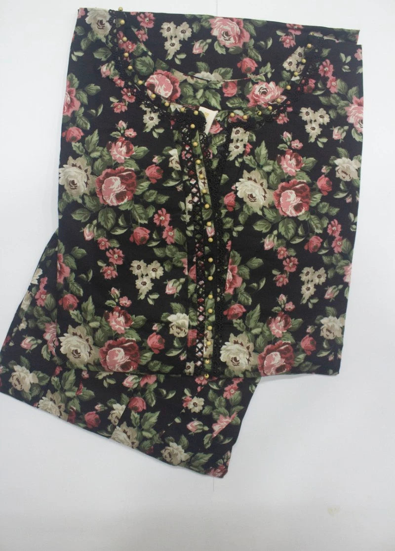 2 Piece Printed Stitched Black Color Lawn Shirt and Farshi Shalwar