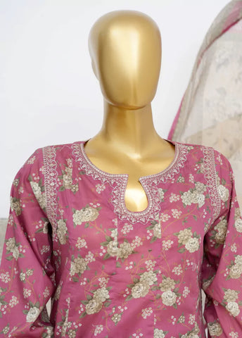 3 Piece Embroidred Stitched Pink Color Lawn Peplum with Farshi Shalwar & Dupatta