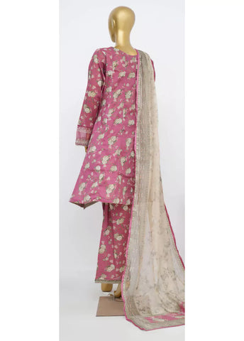 3 Piece Embroidred Stitched Pink Color Lawn Peplum with Farshi Shalwar & Dupatta
