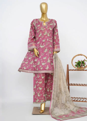 3 Piece Embroidred Stitched Pink Color Lawn Peplum with Farshi Shalwar & Dupatta