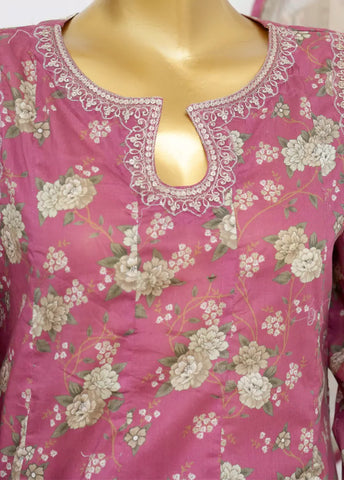 3 Piece Embroidred Stitched Pink Color Lawn Peplum with Farshi Shalwar & Dupatta