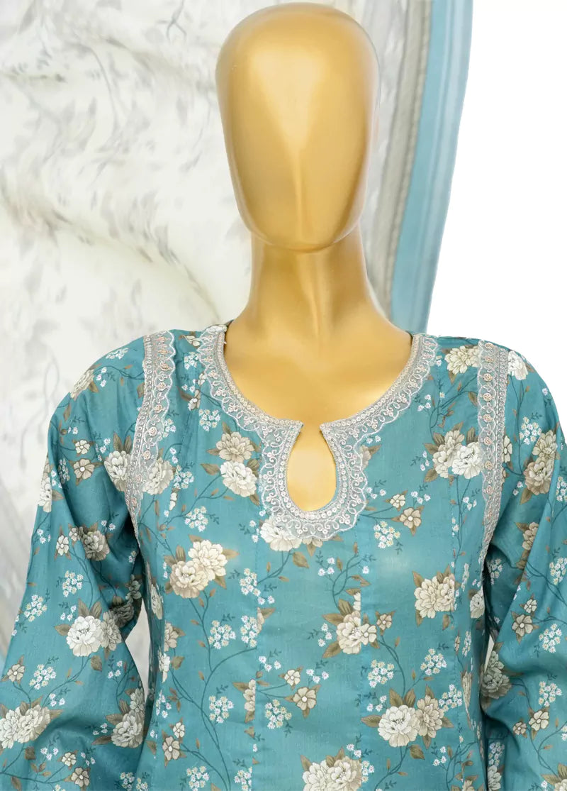 3 Piece Embroidred Stitched Blue Color Lawn Peplum with Balloon Shalwar & Dupatta