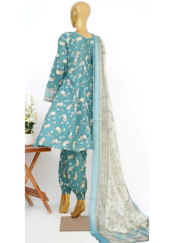 3 Piece Embroidred Stitched Blue Color Lawn Peplum with Balloon Shalwar & Dupatta