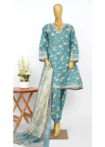 3 Piece Embroidred Stitched Blue Color Lawn Peplum with Balloon Shalwar & Dupatta