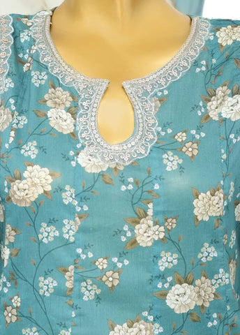 3 Piece Embroidred Stitched Blue Color Lawn Peplum with Balloon Shalwar & Dupatta