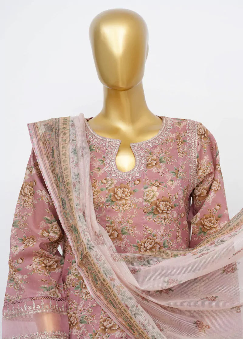 3 Piece Embroidred Stitched Dusty Pink Color Lawn Peplum with Farshi Shalwar & Dupatta