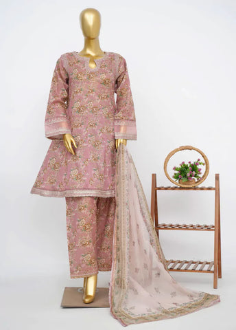 3 Piece Embroidred Stitched Dusty Pink Color Lawn Peplum with Farshi Shalwar & Dupatta