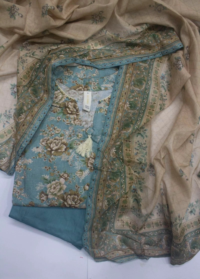 3 Piece Printed Stitched Blue & Beige Color Lawn Shirt with Trouser & Dupatta