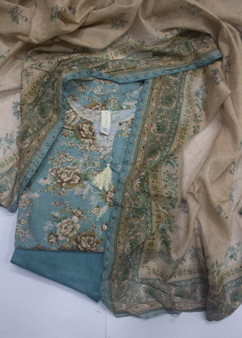 3 Piece Printed Stitched Blue & Beige Color Lawn Shirt with Trouser & Dupatta