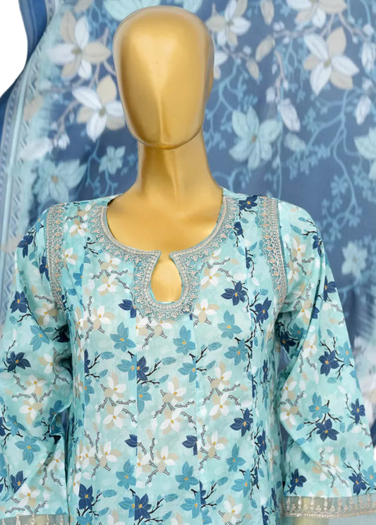 3 Piece Embroidred Stitched Blue Color Lawn Peplum with Balloon Shalwar & Dupatta