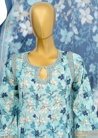 3 Piece Embroidred Stitched Blue Color Lawn Peplum with Balloon Shalwar & Dupatta