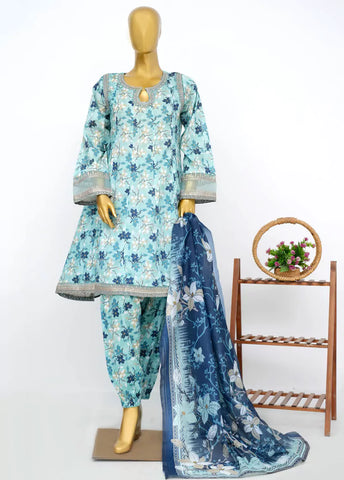 3 Piece Embroidred Stitched Blue Color Lawn Peplum with Balloon Shalwar & Dupatta