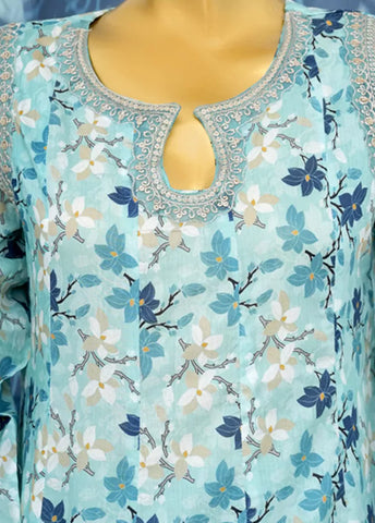 3 Piece Embroidred Stitched Blue Color Lawn Peplum with Balloon Shalwar & Dupatta
