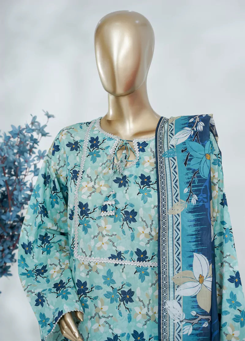 3 Piece Printed Blue Color Lawn Shirt with Trouser & Dupatta