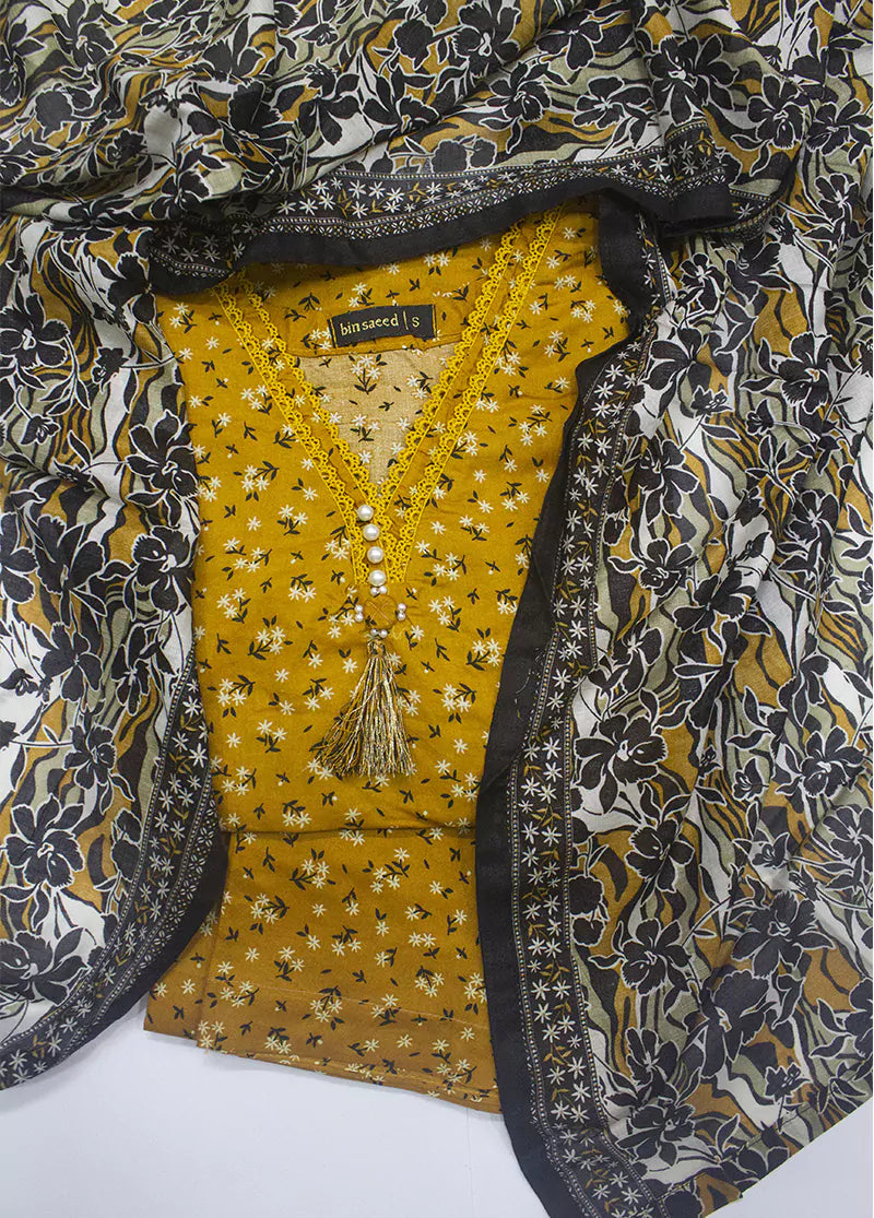 3 Piece Printed Yellow Color Lawn Shirt with Trouser & Dupatta