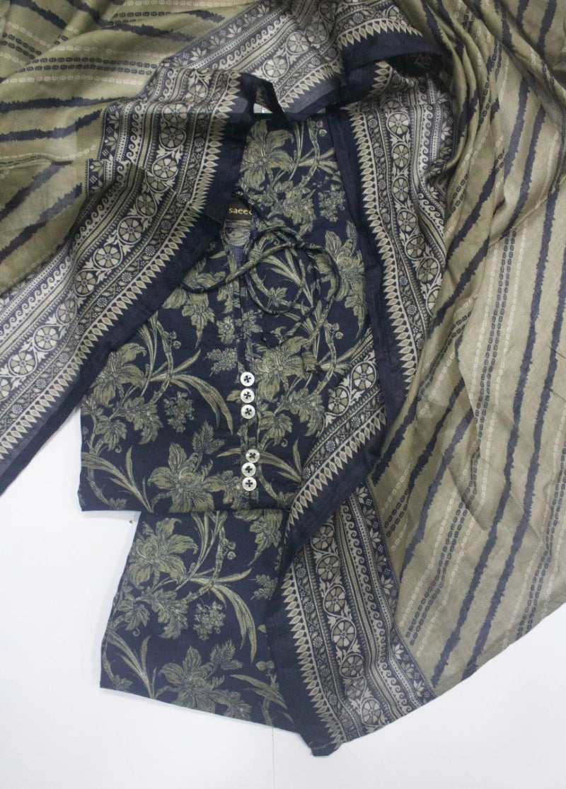 3 Piece Printed Stitched Navy Blue Color Lawn Shirt with Trouser & Dupatta