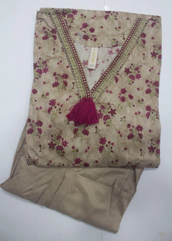 2 Piece Printed Stitched Beige Color Lawn Shirt and Farshi Shalwar