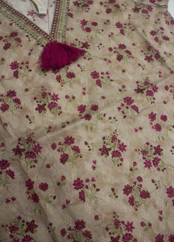 2 Piece Printed Stitched Beige Color Lawn Shirt and Farshi Shalwar