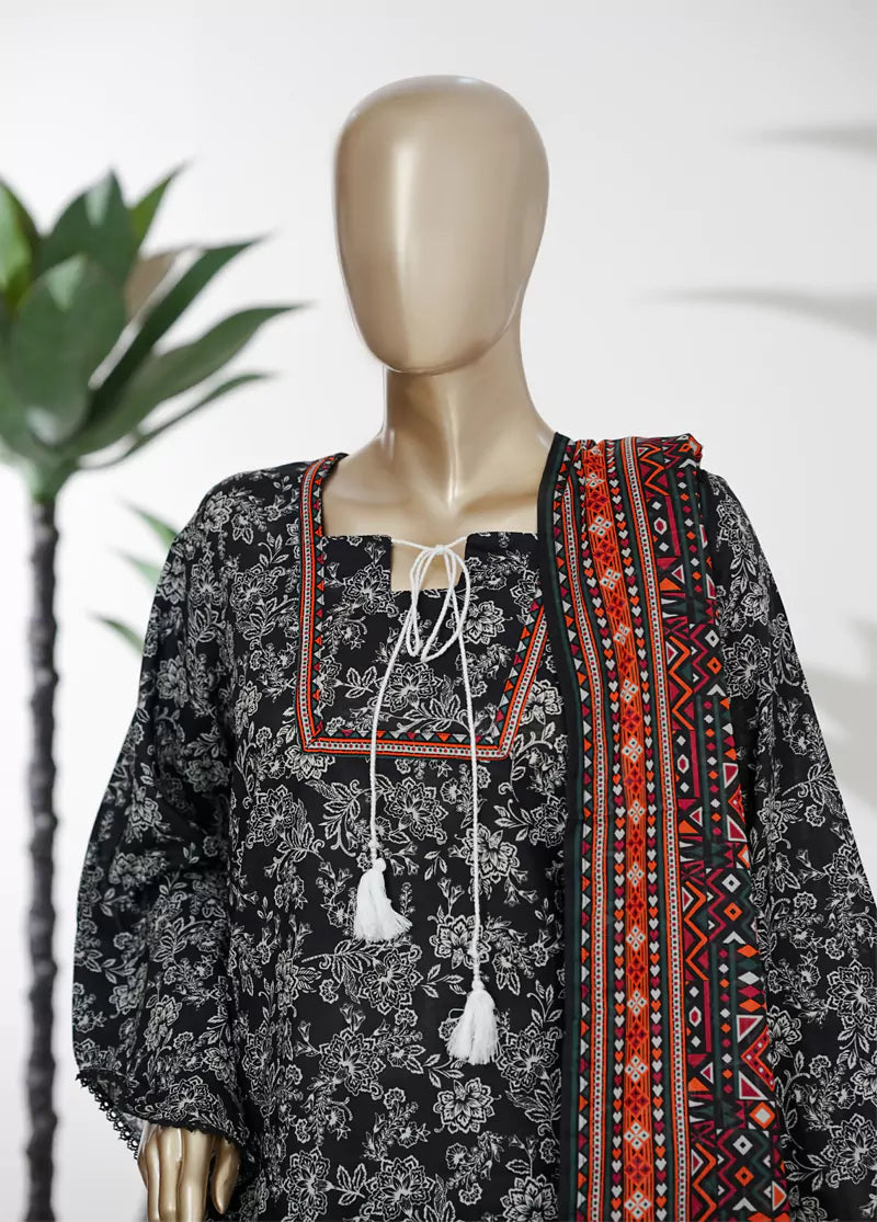 3 Piece Printed Stitched Black & White Color Lawn Shirt with Trouser & Dupatta