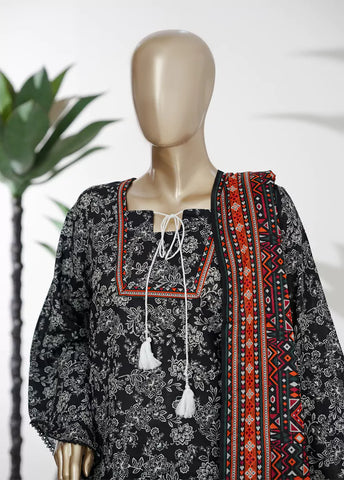3 Piece Printed Stitched Black & White Color Lawn Shirt with Trouser & Dupatta