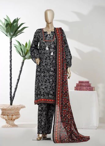 3 Piece Printed Stitched Black & White Color Lawn Shirt with Trouser & Dupatta