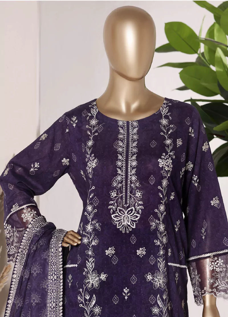 3 Piece Purple Color Embroidered Lawn Shirt with Trouser & Dupatta