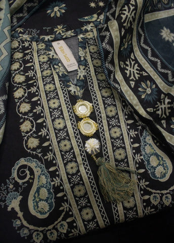 3 Piece Printed Stitched Black Color Lawn Shirt with Trouser & Dupatta