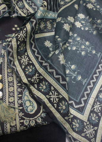 3 Piece Printed Stitched Black Color Lawn Shirt with Trouser & Dupatta