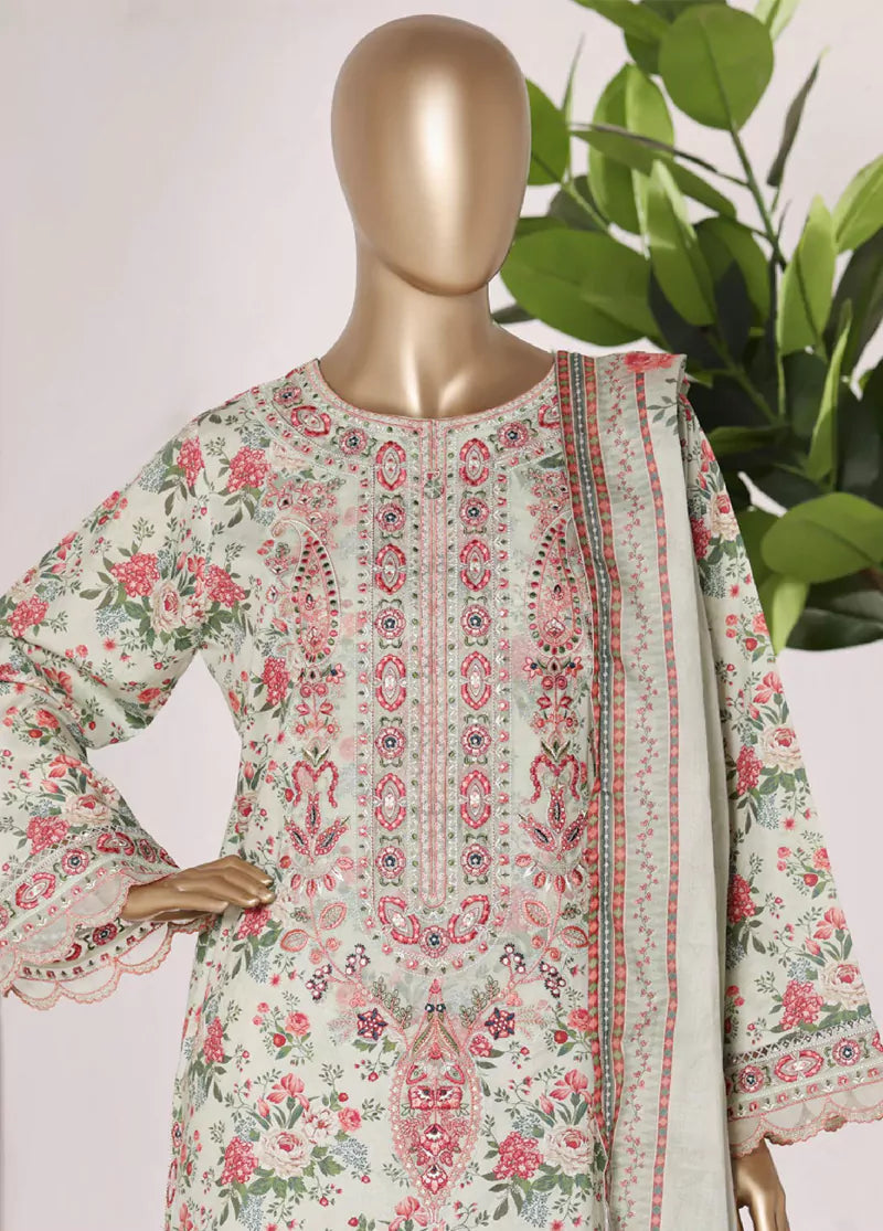3 Piece Pastel Green Color Embroidered Lawn Shirt with Bell Bottom Trouser & Dupatta
