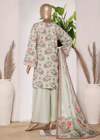 3 Piece Pastel Green Color Embroidered Lawn Shirt with Bell Bottom Trouser & Dupatta