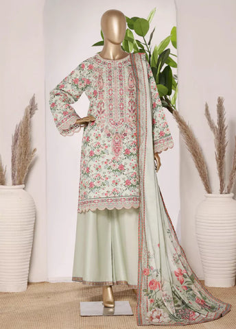3 Piece Pastel Green Color Embroidered Lawn Shirt with Bell Bottom Trouser & Dupatta