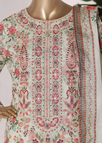 3 Piece Pastel Green Color Embroidered Lawn Shirt with Bell Bottom Trouser & Dupatta